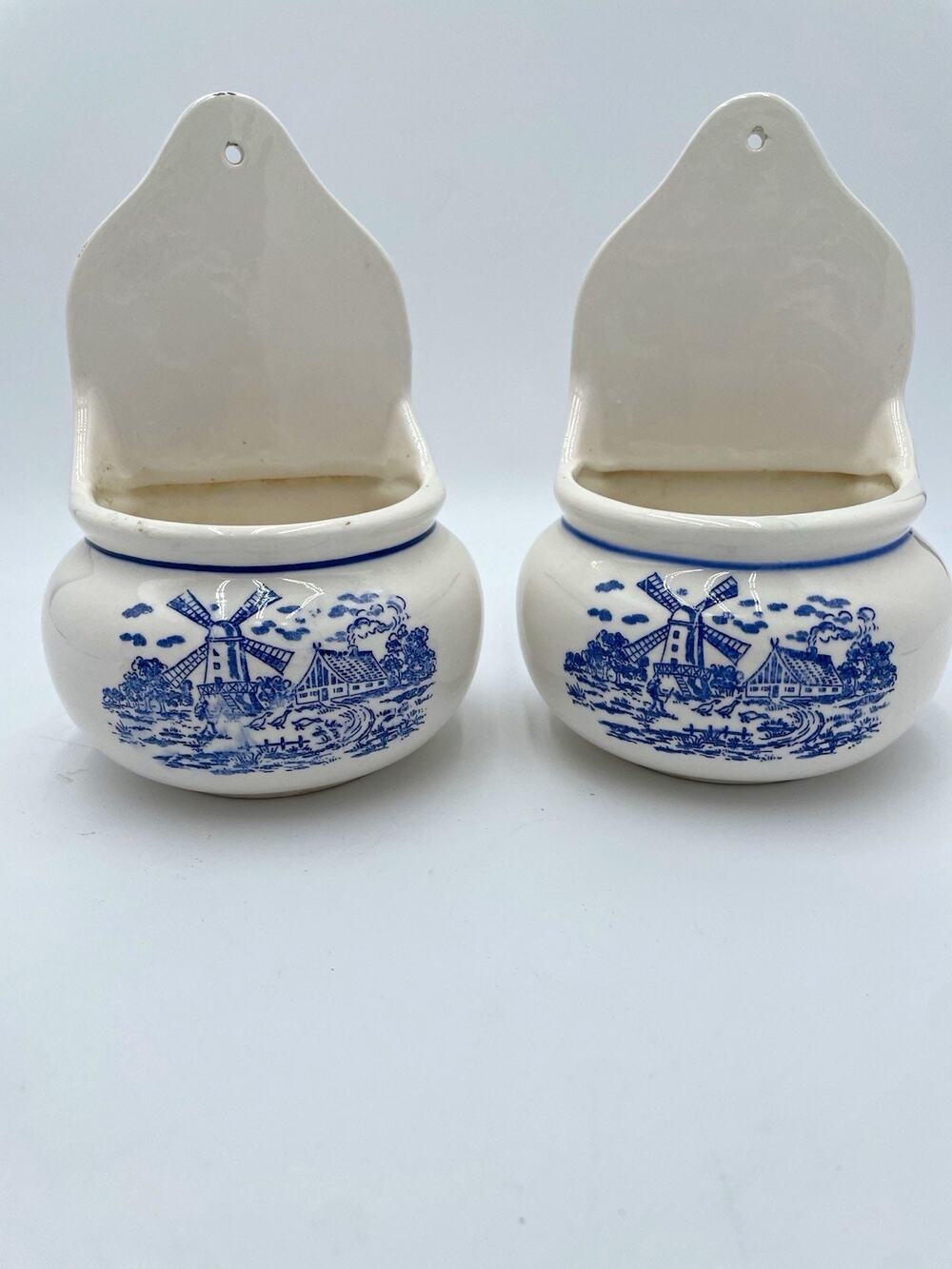 Armee San Francisco Windmill Ceramic Wall Pocket Planters Blue & White Vintage